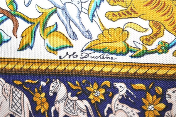 Authentic HERMES Carre 90 Scarf "CHASSE EN INDE" Silk Blue 2809D