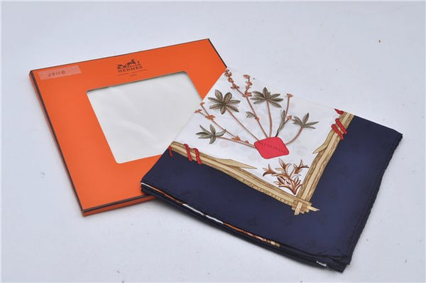 Authentic HERMES Carre 90 Scarf "Herbier de Gavarnie" Silk Navy Box 2811D