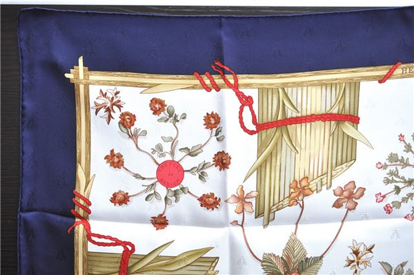 Authentic HERMES Carre 90 Scarf "Herbier de Gavarnie" Silk Navy Box 2811D