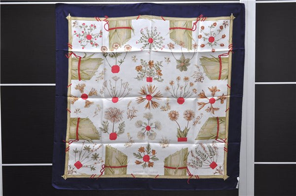 Authentic HERMES Carre 90 Scarf "Herbier de Gavarnie" Silk Navy Box 2811D