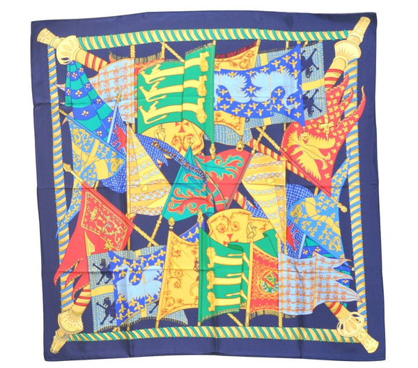 Authentic HERMES Carre 90 Scarf "Etendards et Bonnieres" Silk Navy Box 2812D