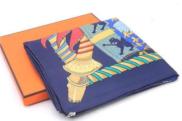 Authentic HERMES Carre 90 Scarf "Etendards et Bonnieres" Silk Navy Box 2812D