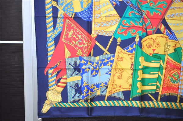 Authentic HERMES Carre 90 Scarf "Etendards et Bonnieres" Silk Navy Box 2812D