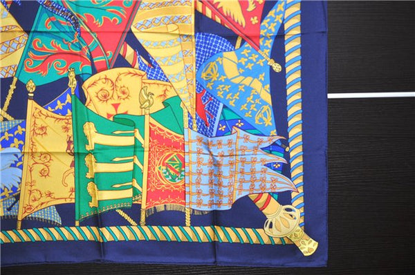 Authentic HERMES Carre 90 Scarf "Etendards et Bonnieres" Silk Navy Box 2812D