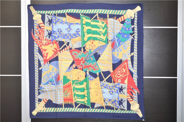 Authentic HERMES Carre 90 Scarf "Etendards et Bonnieres" Silk Navy Box 2812D