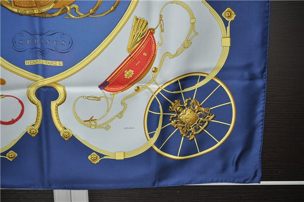 Authentic HERMES Carre 90 Scarf "SPRINGS" Silk Blue Box 2813D
