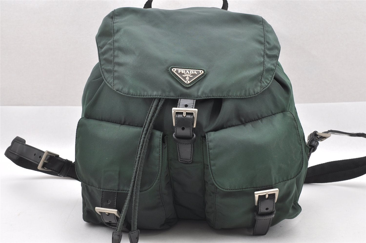 Authentic PRADA VELA Nylon Tessuto Leather Drawstring Backpack B2811 Green 2818I