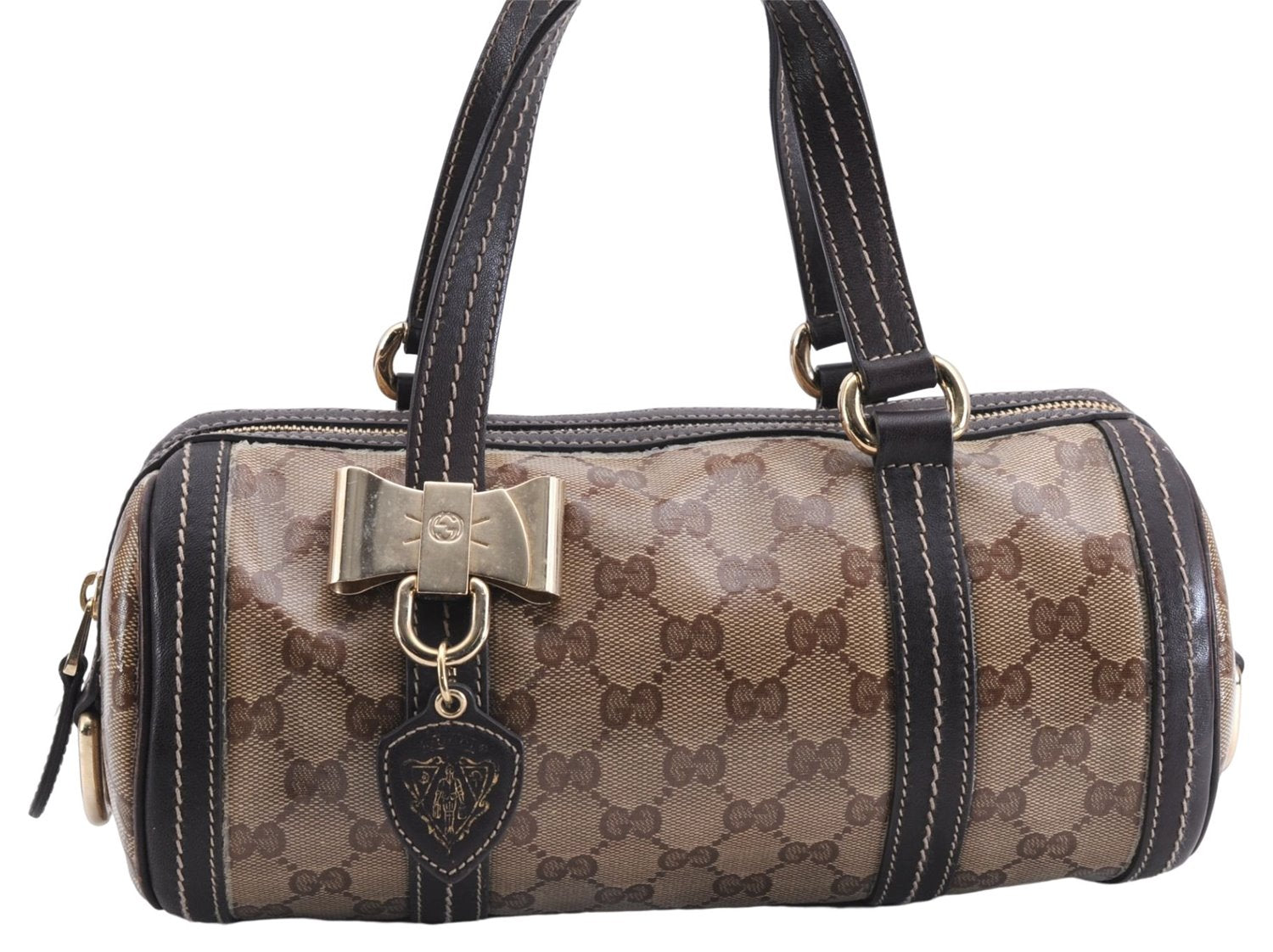 Authentic GUCCI Hysteria GG Crystal Crest Heart Hand Bag PVC Leather Brown 2819E