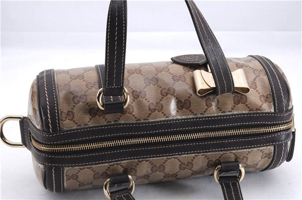 Authentic GUCCI Hysteria GG Crystal Crest Heart Hand Bag PVC Leather Brown 2819E