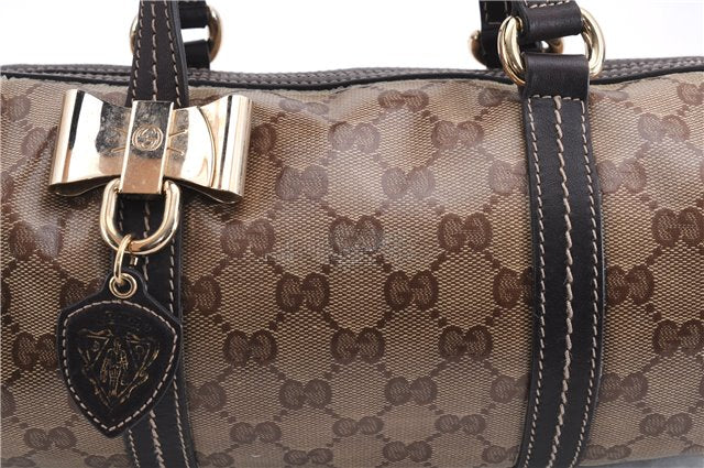 Authentic GUCCI Hysteria GG Crystal Crest Heart Hand Bag PVC Leather Brown 2819E