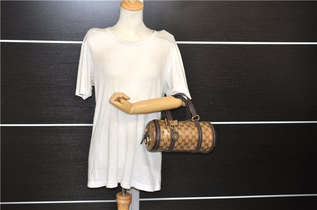 Authentic GUCCI Hysteria GG Crystal Crest Heart Hand Bag PVC Leather Brown 2819E