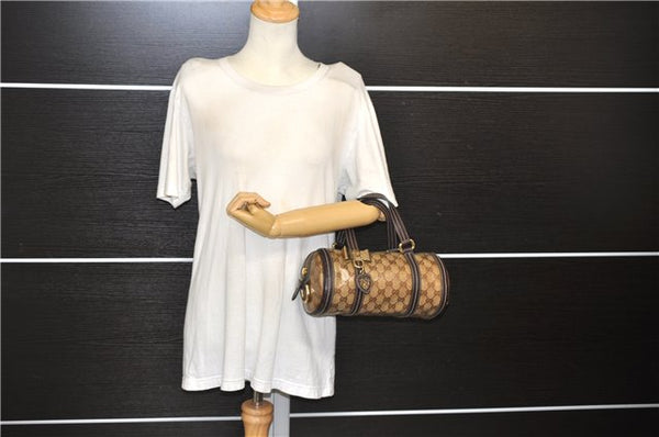 Authentic GUCCI Hysteria GG Crystal Crest Heart Hand Bag PVC Leather Brown 2819E