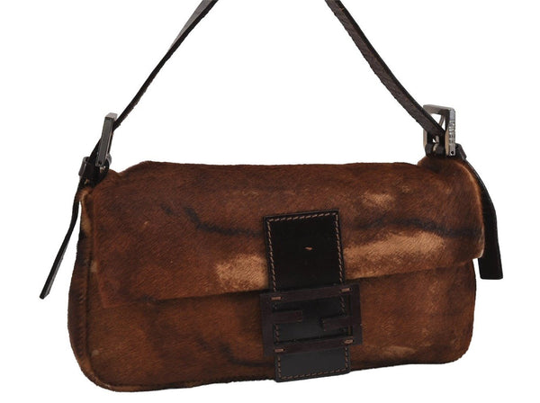 Authentic FENDI Mamma Baguette Shoulder Hand Bag Unborn Calf Leather Brown 2840I
