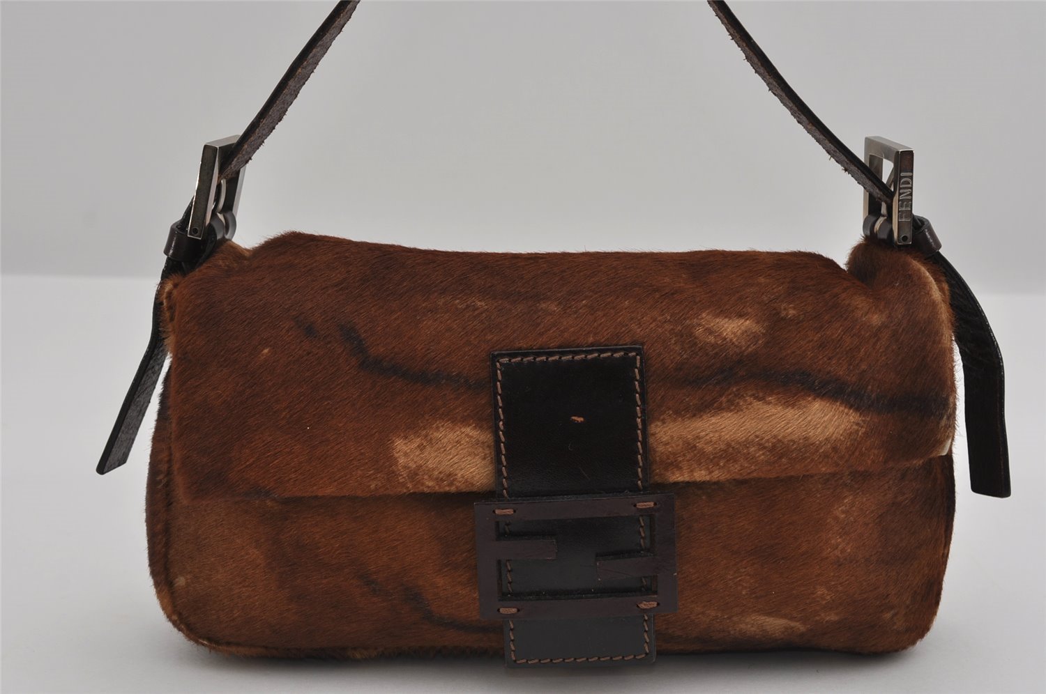 Authentic FENDI Mamma Baguette Shoulder Hand Bag Unborn Calf Leather Brown 2840I