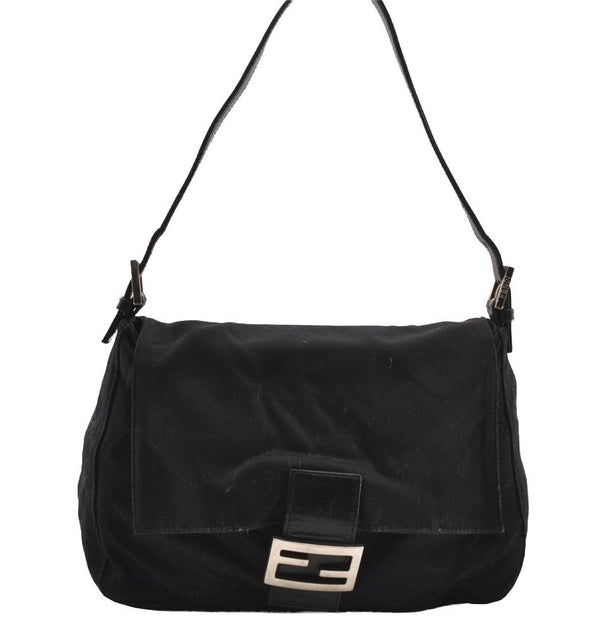 Authentic FENDI Mamma Baguette Shoulder Hand Bag Jersey Leather Black Junk 2845I