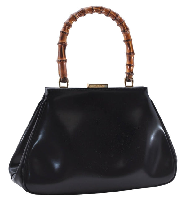 Authentic GUCCI Bamboo Vintage Shoulder Hand Bag Purse Enamel Black 2847E