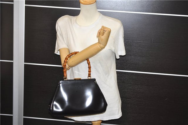 Authentic GUCCI Bamboo Vintage Shoulder Hand Bag Purse Enamel Black 2847E