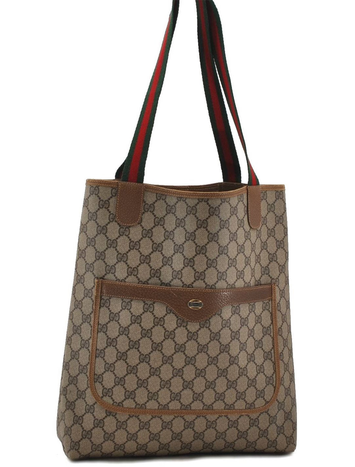 Authentic GUCCI Web Sherry Line Shoulder Tote Bag GG PVC Leather Brown 2848D