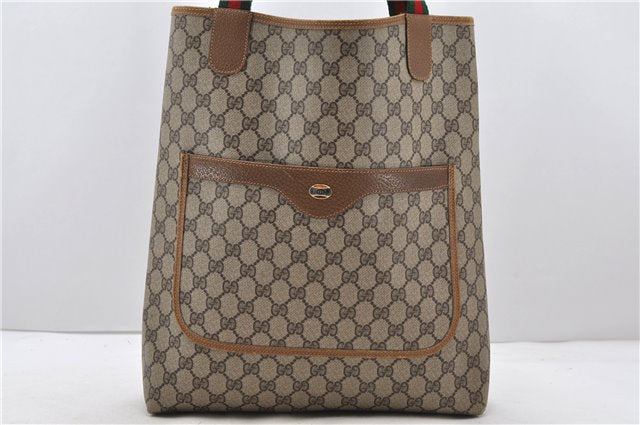 Authentic GUCCI Web Sherry Line Shoulder Tote Bag GG PVC Leather Brown 2848D