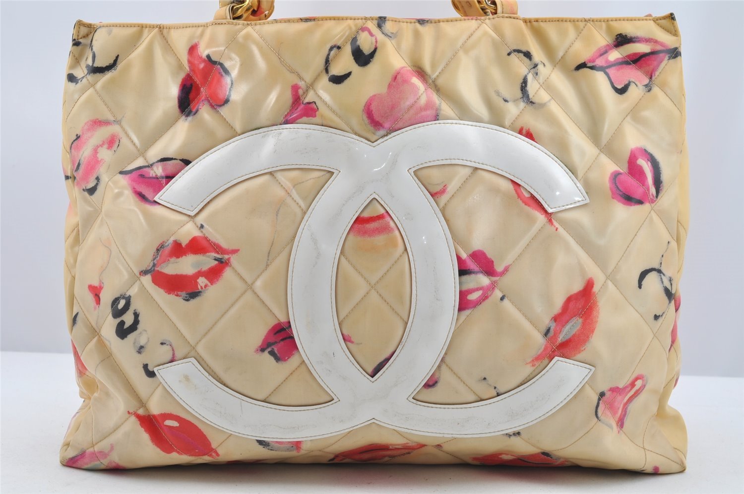 Authentic CHANEL PVC Matelasse Enamel CoCo Mark Chain Tote Bag Beige 2848I