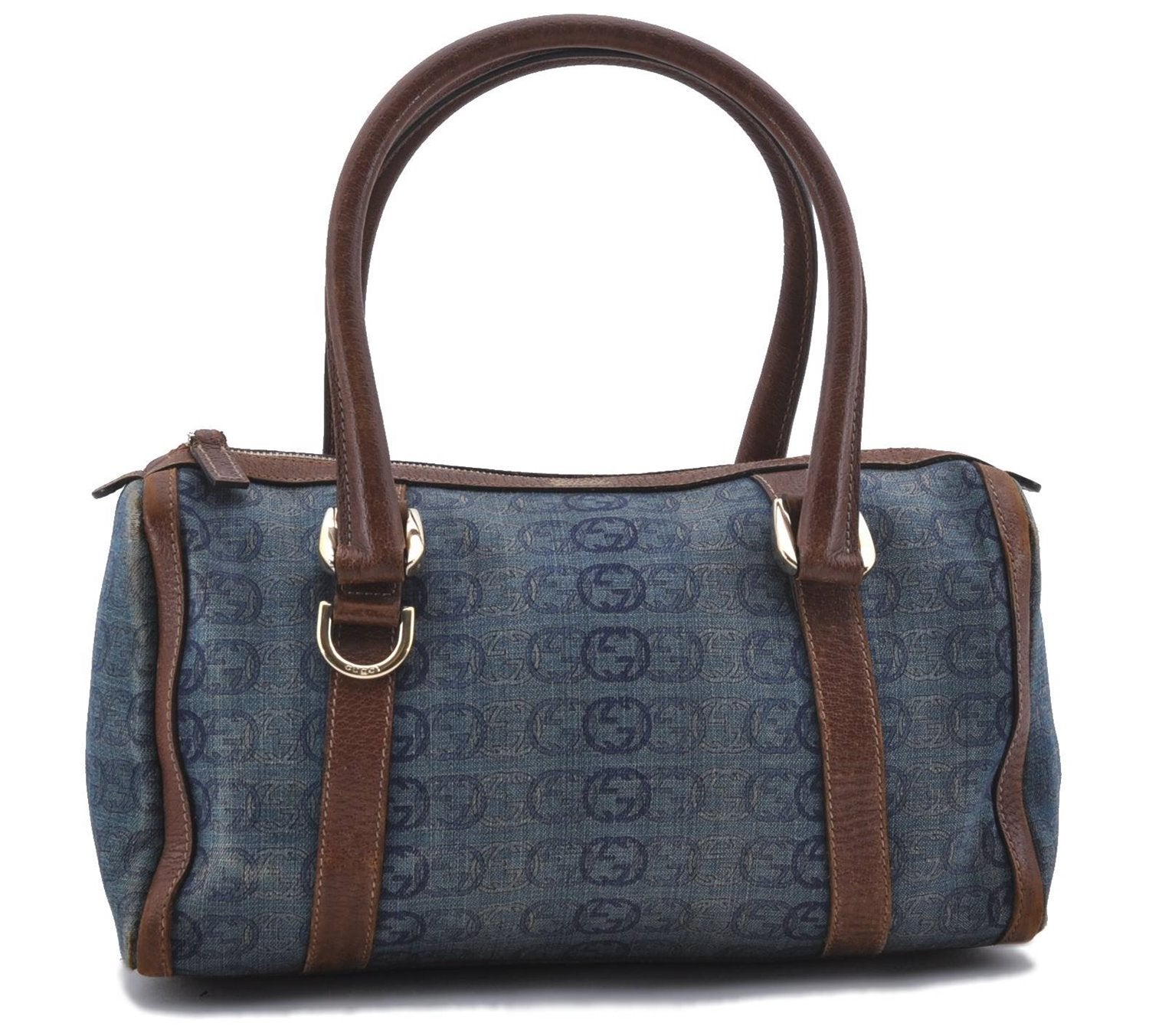 Auth GUCCI Hand Boston Bag Interlocking G Denim Canvas Leather 130942 Blue 2852D