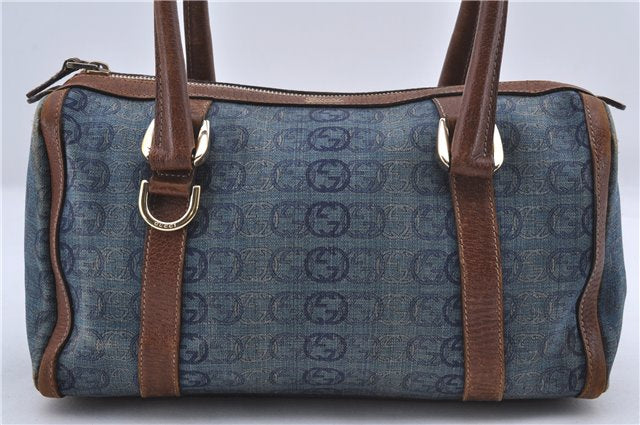 Auth GUCCI Hand Boston Bag Interlocking G Denim Canvas Leather 130942 Blue 2852D