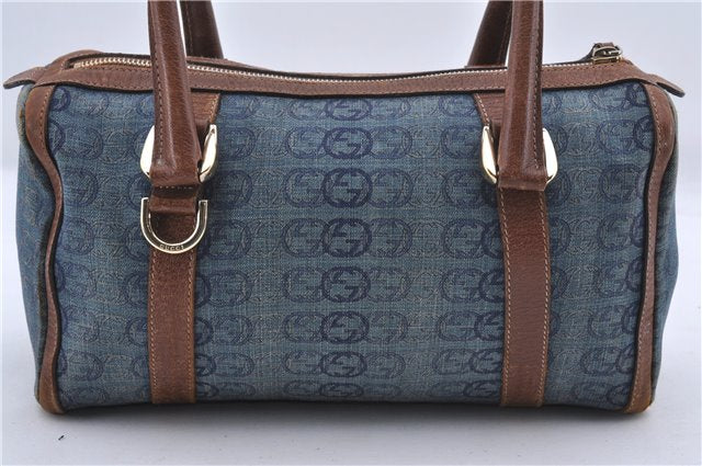 Auth GUCCI Hand Boston Bag Interlocking G Denim Canvas Leather 130942 Blue 2852D