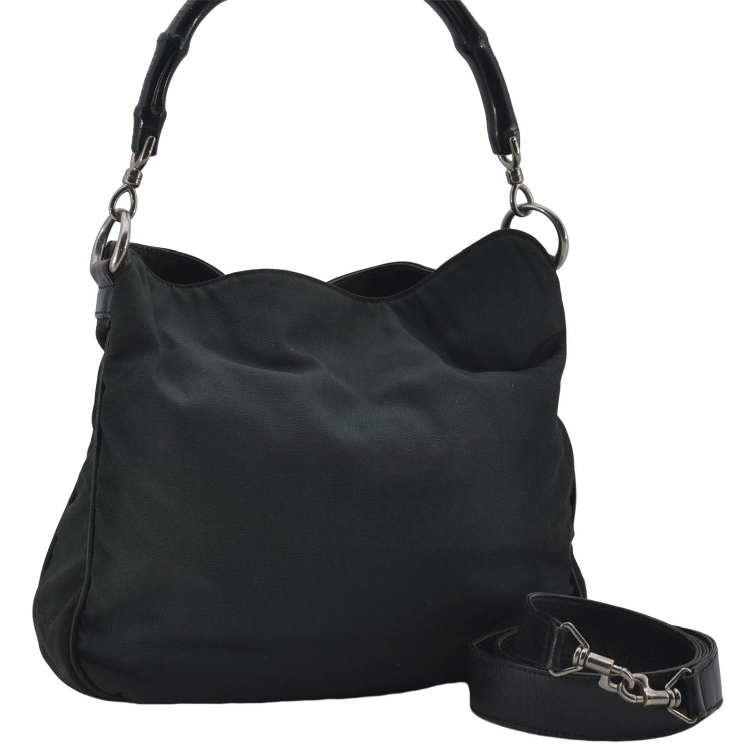 Authentic GUCCI Bamboo 2Way Shoulder Hand Bag Nylon Leather 0011638 Green 2855E