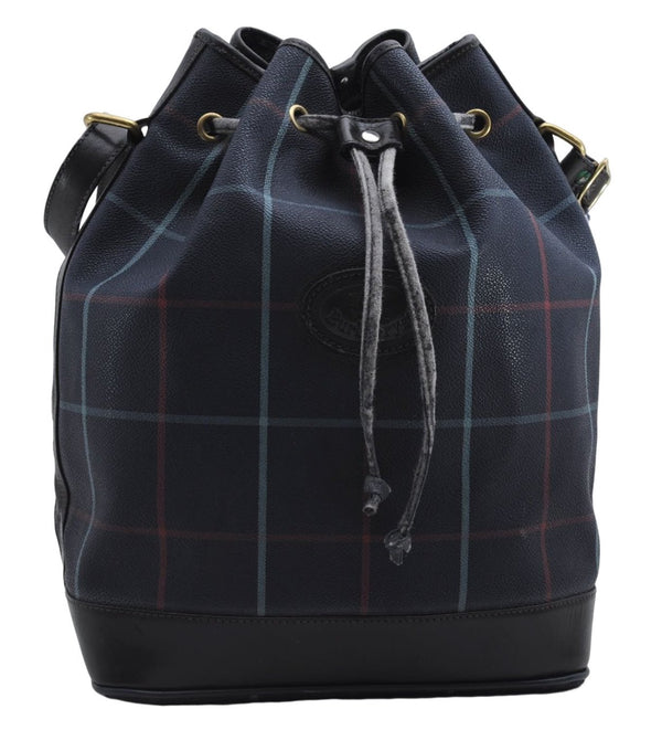 Authentic Burberrys Vintage Check Shoulder Cross Body Bag PVC Leather Navy 2862E