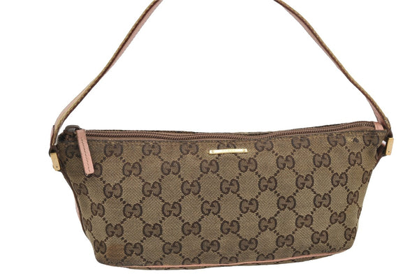 Authentic GUCCI Sherry Line Hand Bag Pouch GG Canvas Leather 141809 Brown 2862I