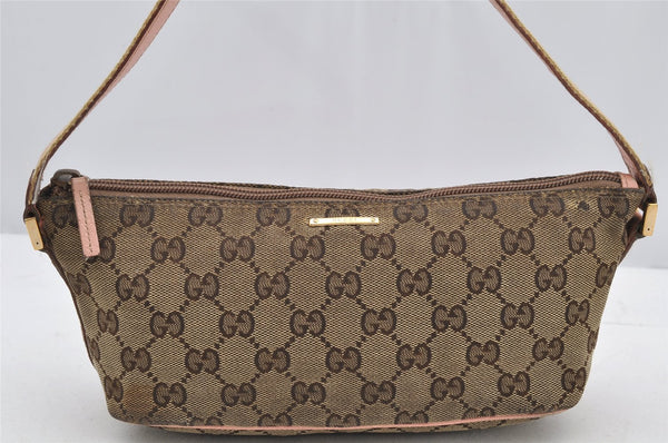 Authentic GUCCI Sherry Line Hand Bag Pouch GG Canvas Leather 141809 Brown 2862I