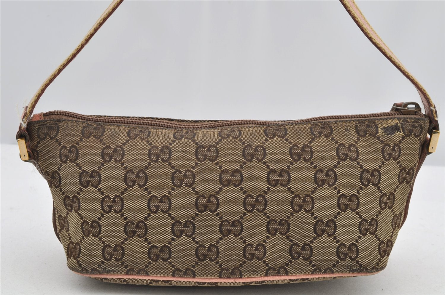 Authentic GUCCI Sherry Line Hand Bag Pouch GG Canvas Leather 141809 Brown 2862I