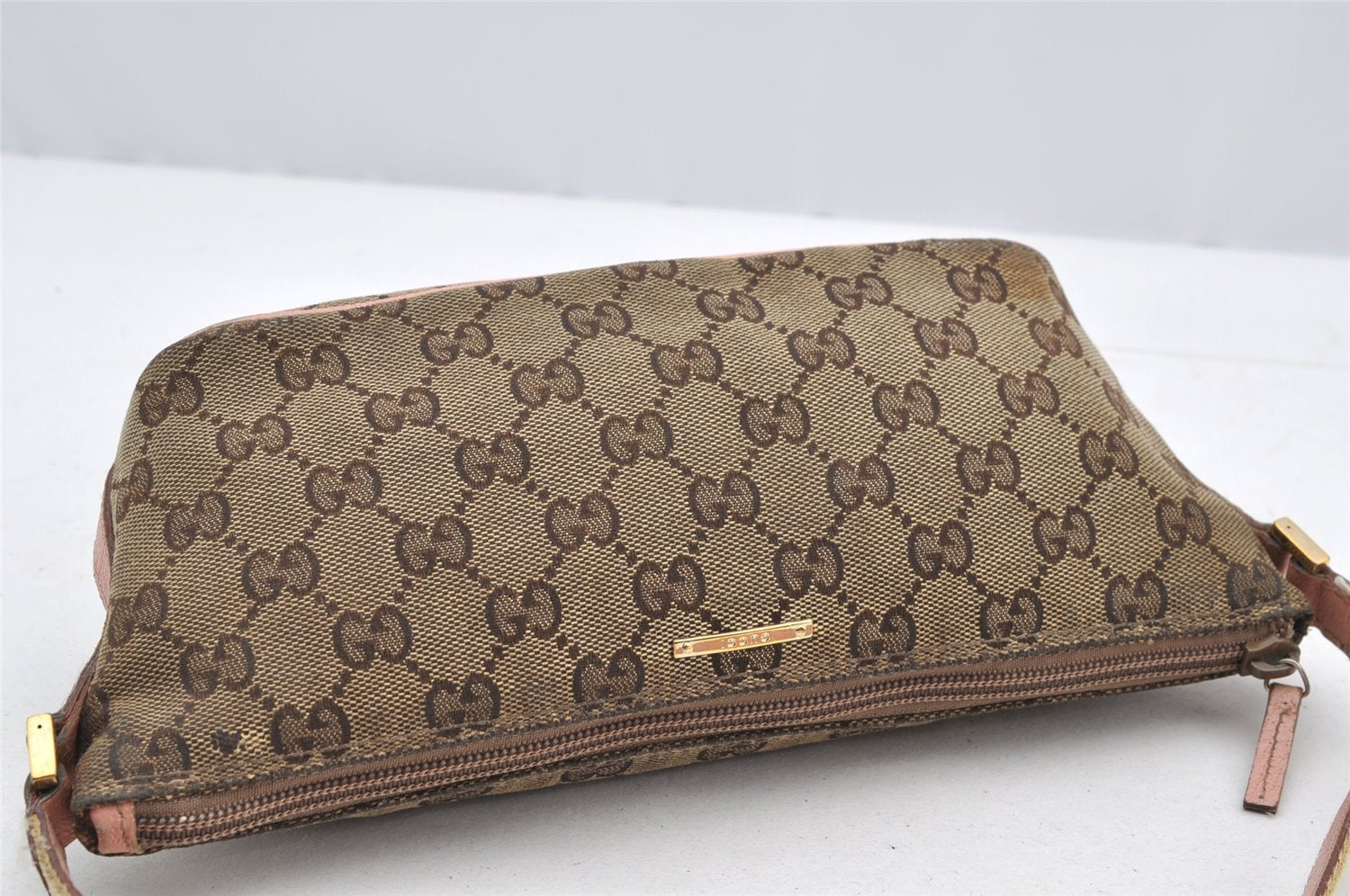Authentic GUCCI Sherry Line Hand Bag Pouch GG Canvas Leather 141809 Brown 2862I