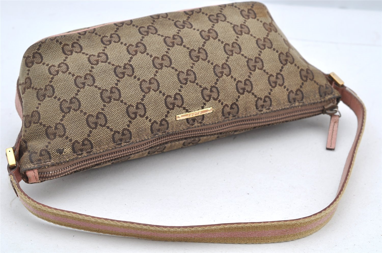Authentic GUCCI Sherry Line Hand Bag Pouch GG Canvas Leather 141809 Brown 2862I