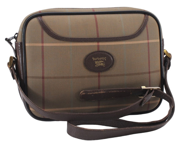 Authentic Burberrys Check Shoulder Cross Body Bag Canvas Leather Brown 2863E