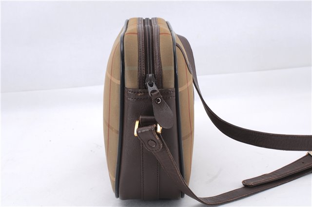 Authentic Burberrys Check Shoulder Cross Body Bag Canvas Leather Brown 2863E