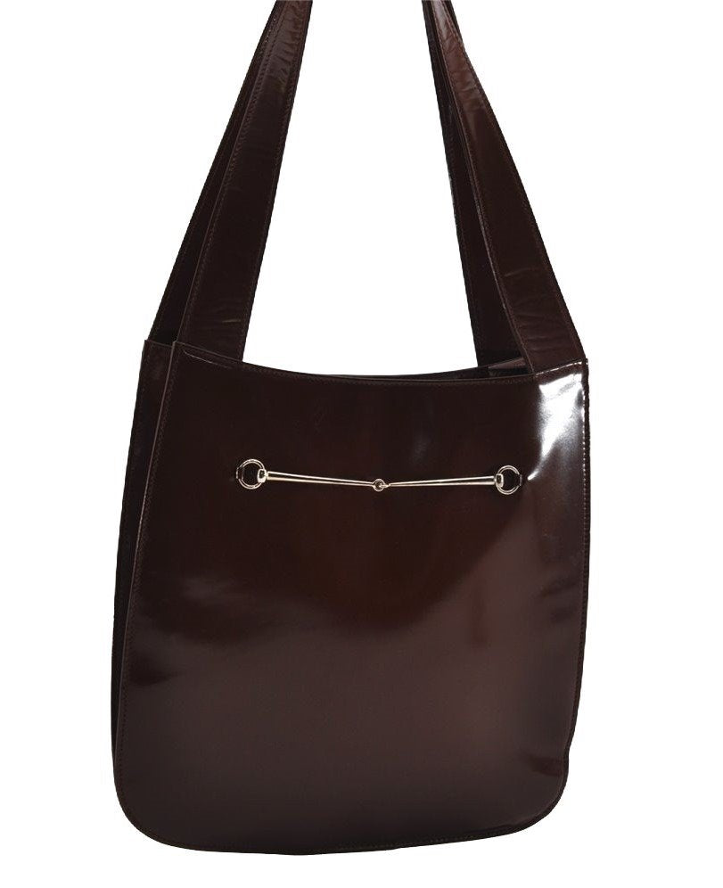 Authentic GUCCI Vintage Horsebit Shoulder Bag Purse Enamel Brown Junk 2863I
