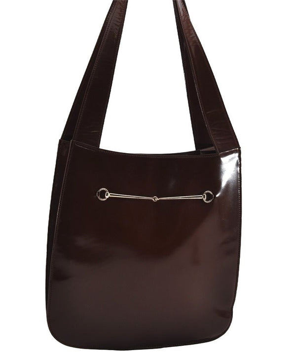 Authentic GUCCI Vintage Horsebit Shoulder Bag Purse Enamel Brown Junk 2863I