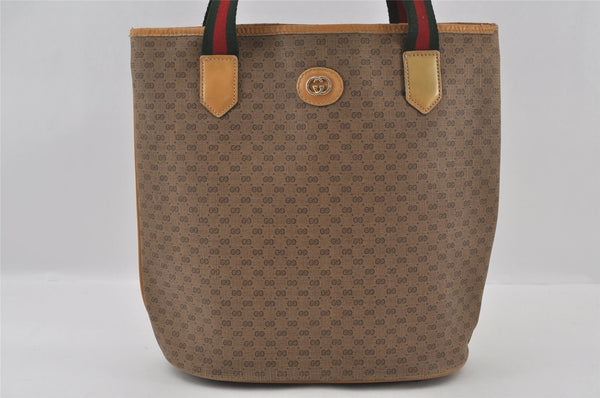 Authentic GUCCI Web Sherry Line Micro GG Tote Bag PVC Leather Brown 2865I