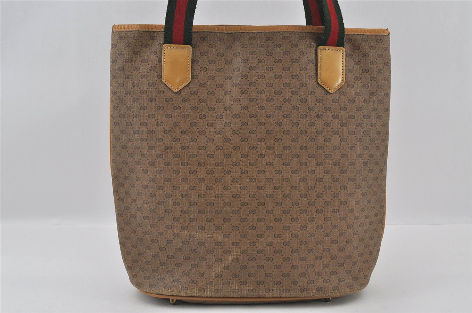 Authentic GUCCI Web Sherry Line Micro GG Tote Bag PVC Leather Brown 2865I