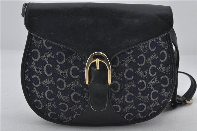 Authentic CELINE C Macadam Blason Shoulder Bag Canvas Leather Navy Blue 2867E