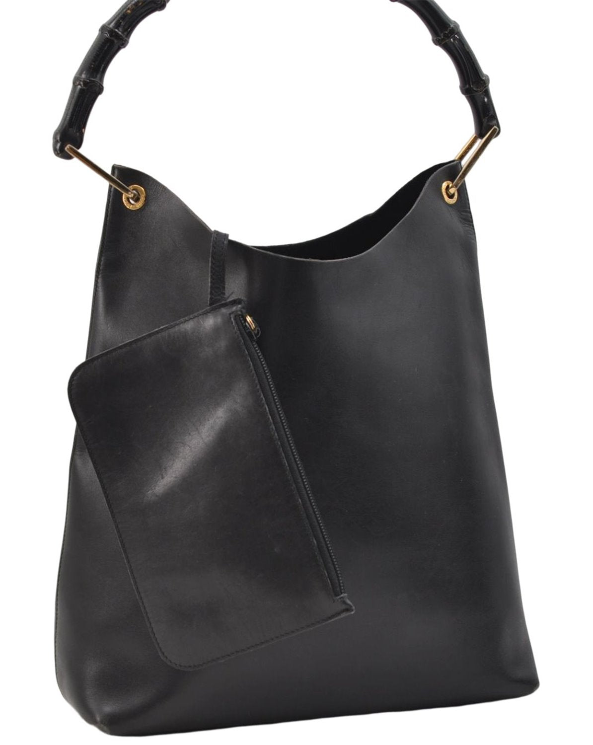 Authentic GUCCI Bamboo Vintage Shoulder Tote Bag Purse Leather Black 2869E