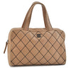 Authentic CHANEL Wild Stitch Matelasse Calf Skin Hand Boston Bag Beige CC 2874D