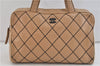 Authentic CHANEL Wild Stitch Matelasse Calf Skin Hand Boston Bag Beige CC 2874D