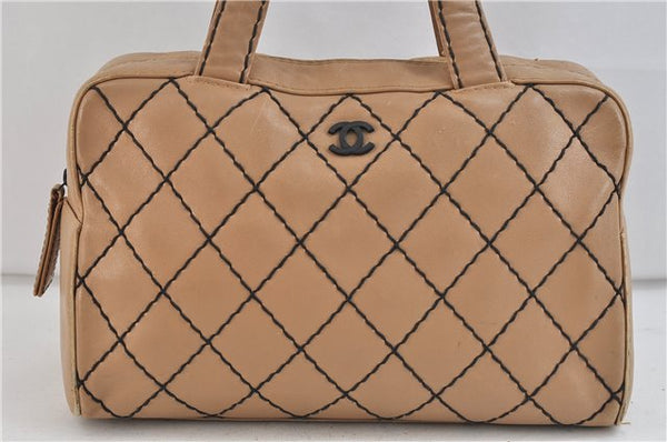 Authentic CHANEL Wild Stitch Matelasse Calf Skin Hand Boston Bag Beige CC 2874D