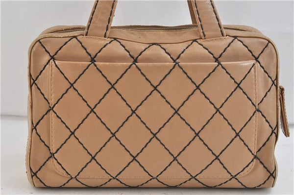 Authentic CHANEL Wild Stitch Matelasse Calf Skin Hand Boston Bag Beige CC 2874D