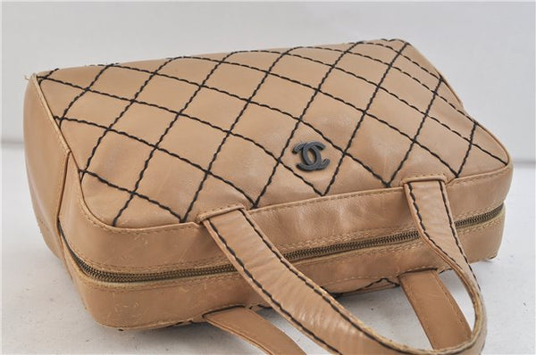 Authentic CHANEL Wild Stitch Matelasse Calf Skin Hand Boston Bag Beige CC 2874D