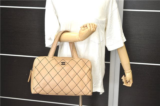 Authentic CHANEL Wild Stitch Matelasse Calf Skin Hand Boston Bag Beige CC 2874D