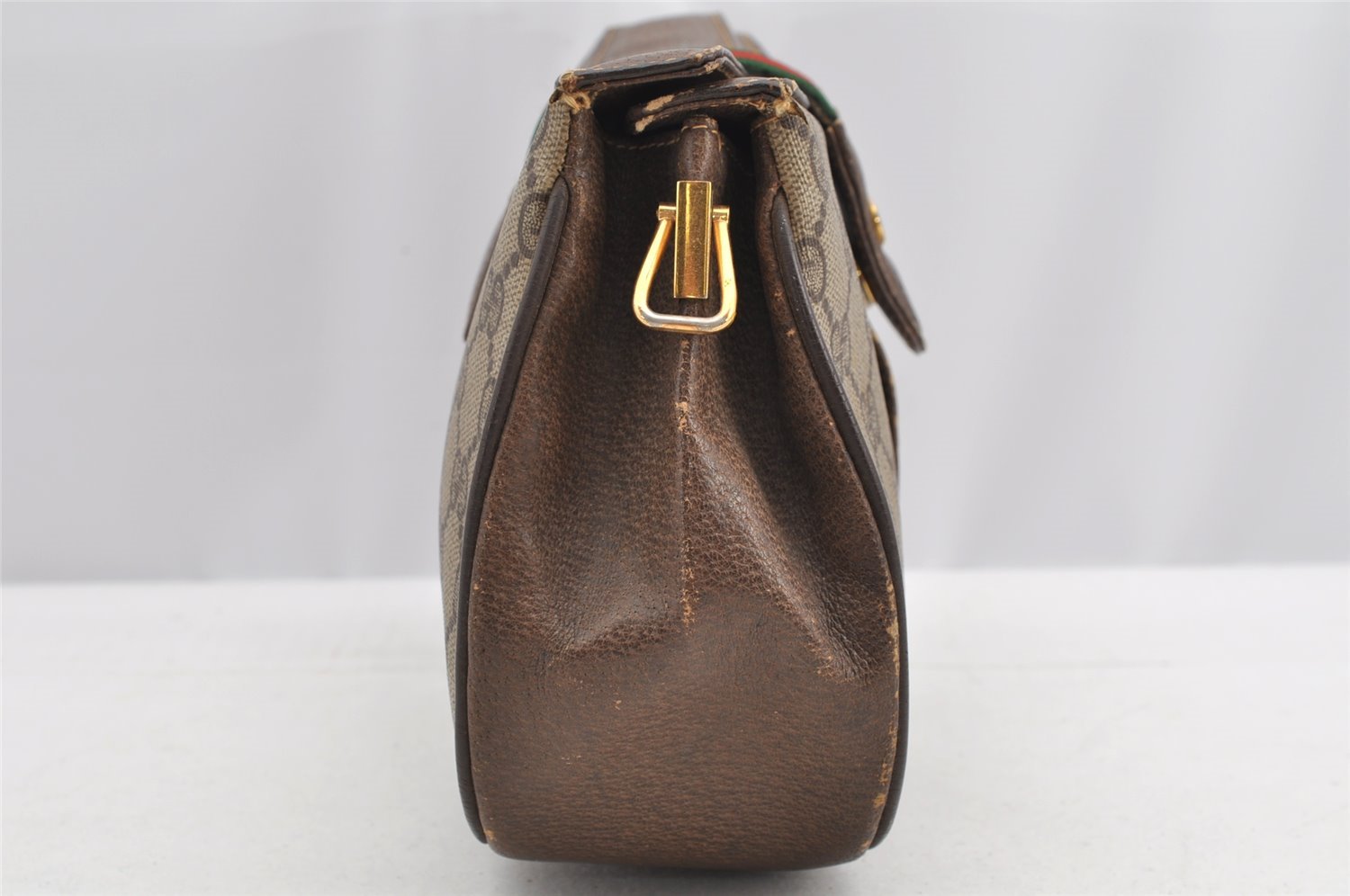 Authentic GUCCI Web Sherry Line Shoulder Bag GG PVC Leather Brown Junk 2876I