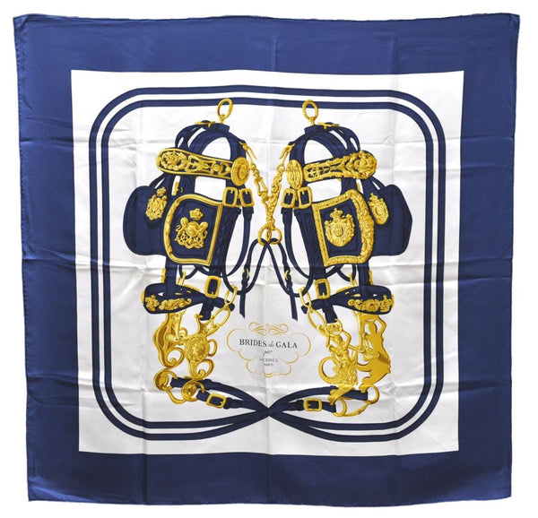 Authentic HERMES Carre 90 Scarf "BRIDES de GALA par" Silk Navy Box 2885E